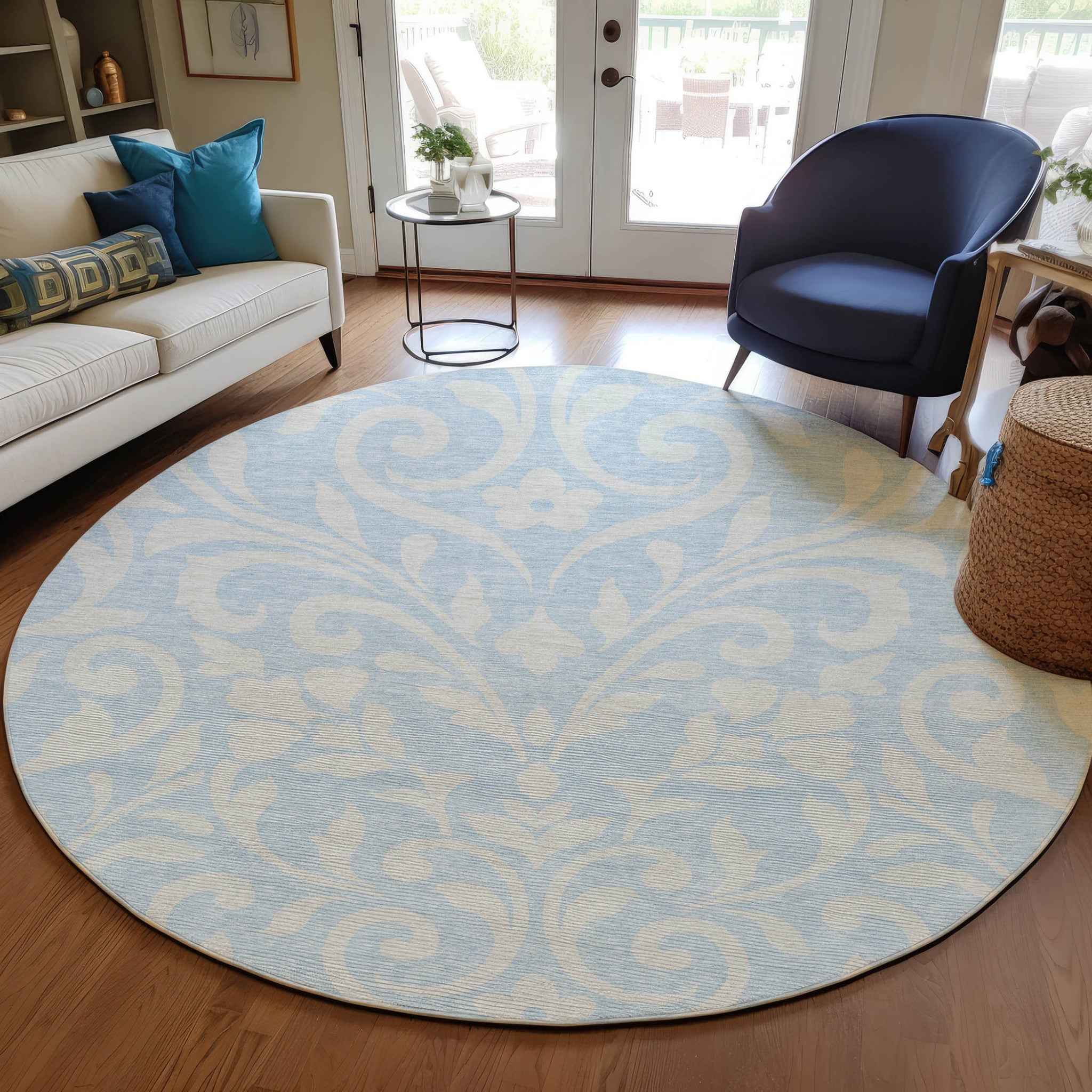 8' Sky Blue And Ivory Round Floral Washable Indoor Outdoor Area Rug
