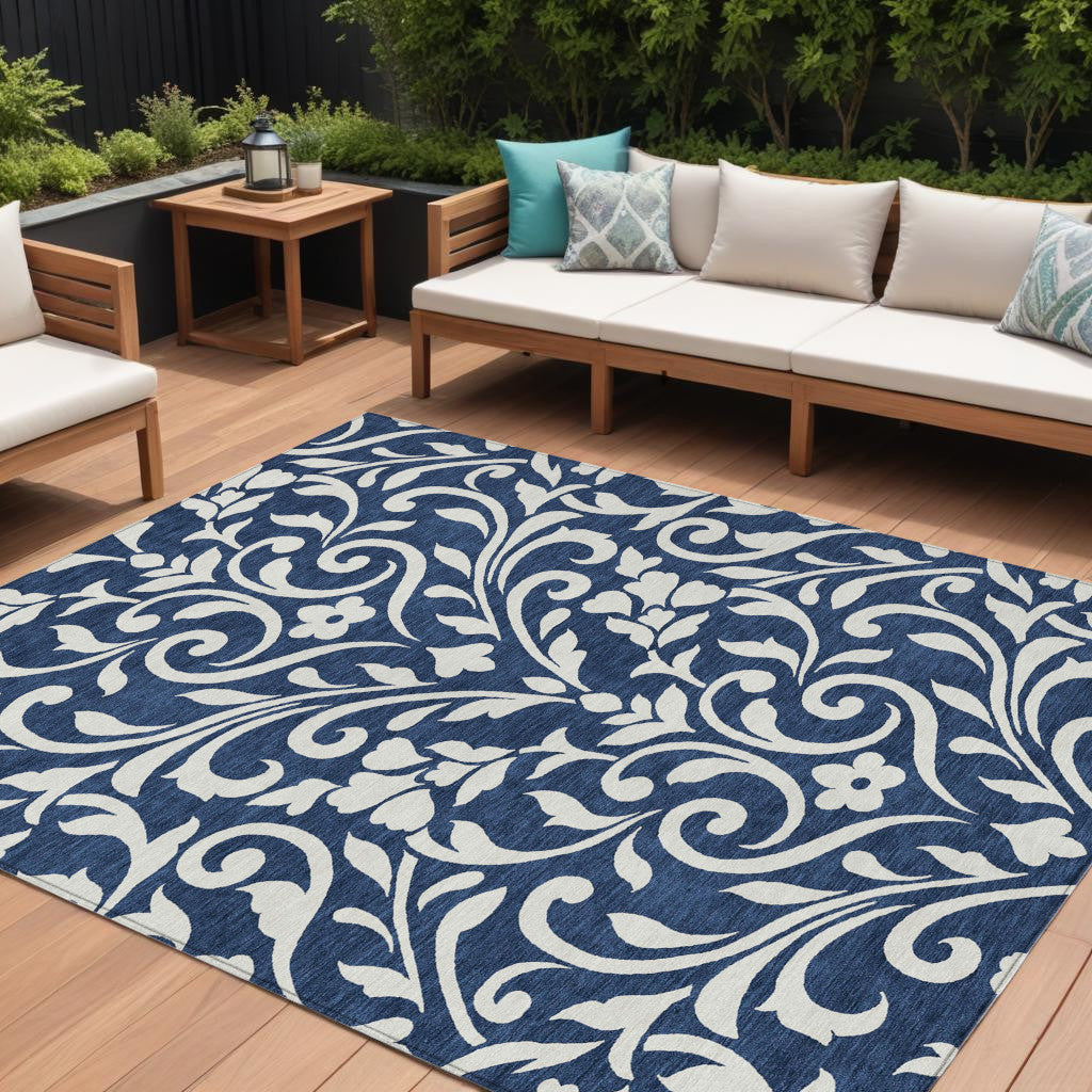 8' X 10' Navy Blue And Ivory Floral Washable Indoor Outdoor Area Rug - Outdoor