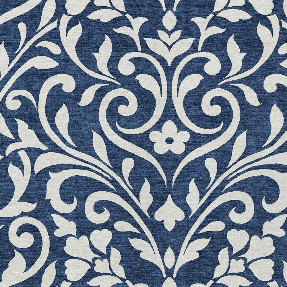 8' X 10' Navy Blue And Ivory Floral Washable Indoor Outdoor Area Rug - Outdoor
