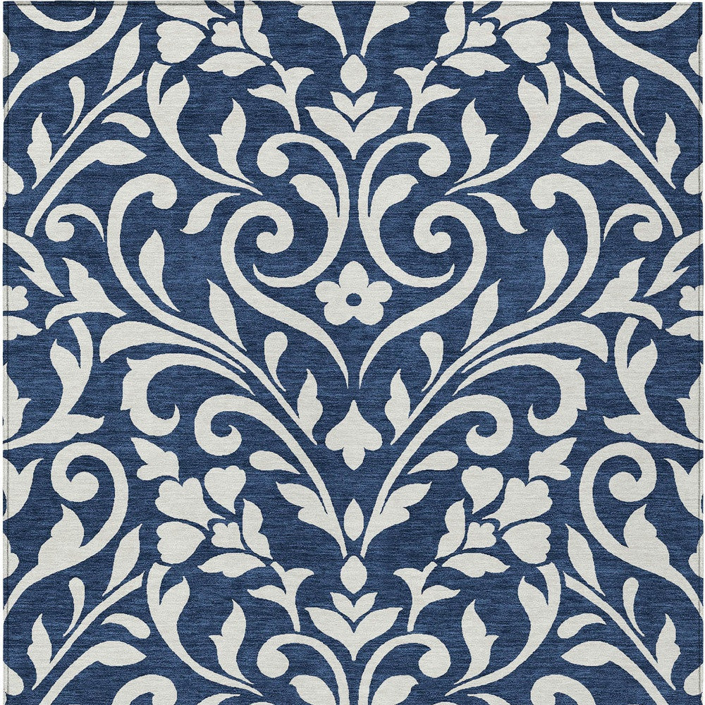 8' X 10' Navy Blue And Ivory Floral Washable Indoor Outdoor Area Rug - Outdoor