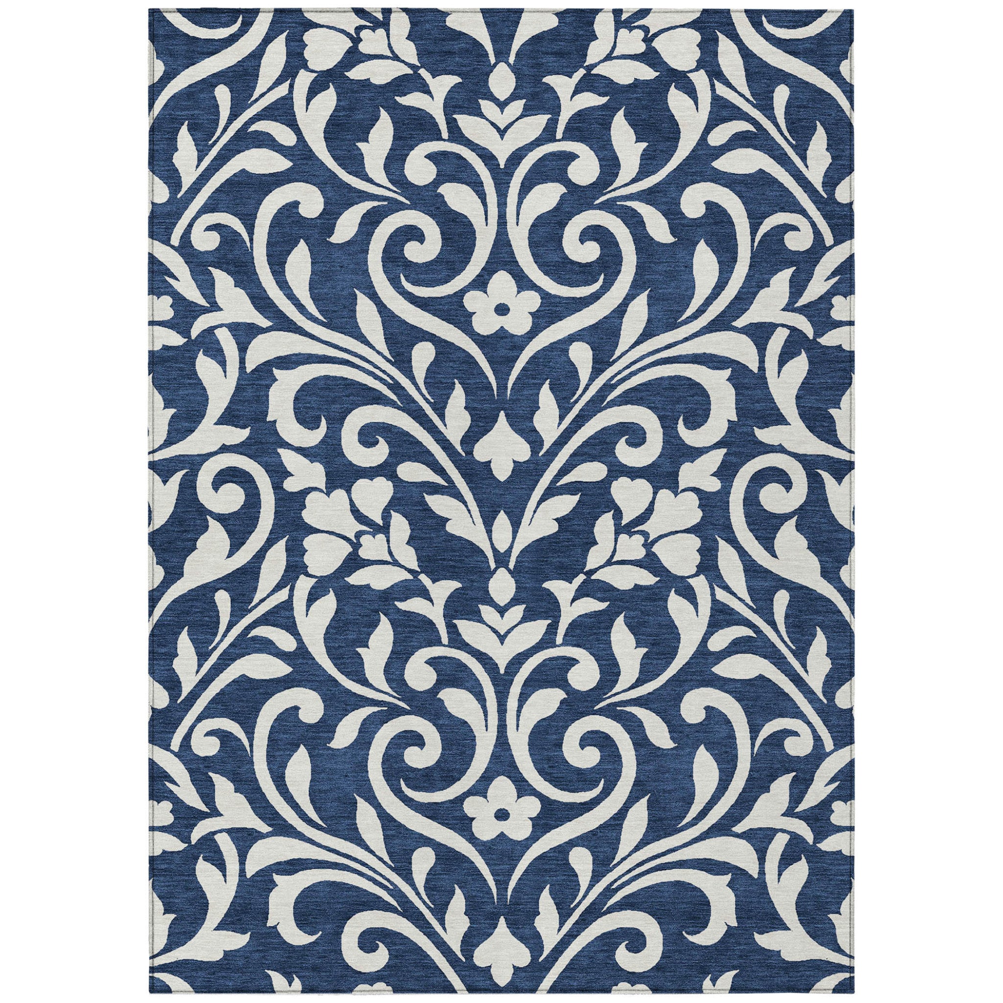 8' X 10' Navy Blue And Ivory Floral Washable Indoor Outdoor Area Rug - Outdoor