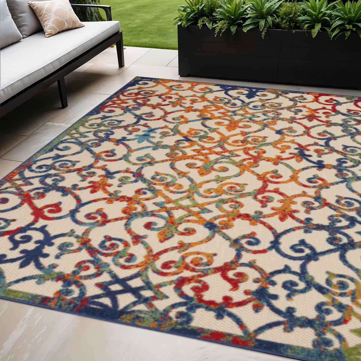 5' X 8' Ivory And Blue Indoor Outdoor Area Rug