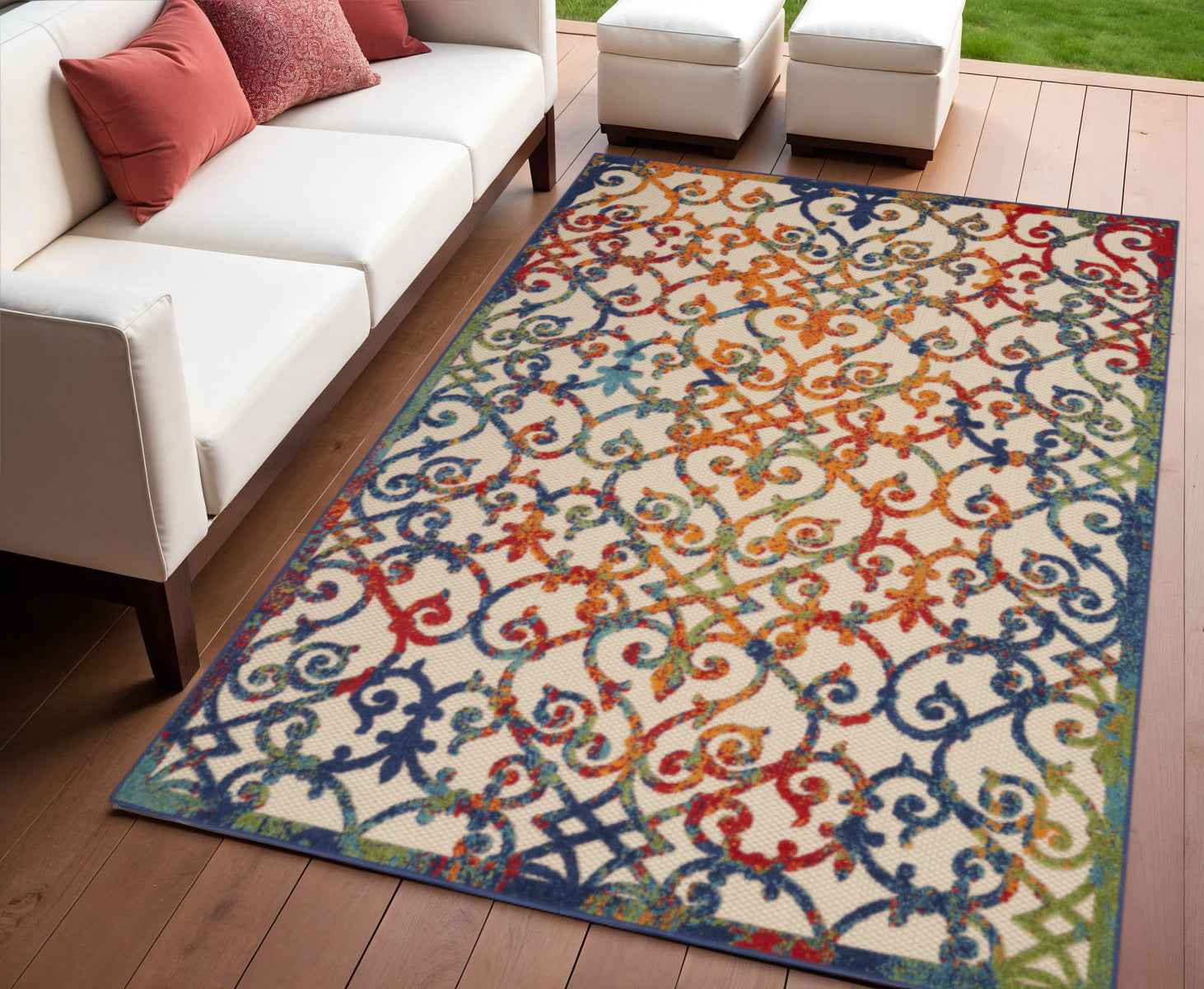 4' X 6' Ivory And Blue Indoor Outdoor Area Rug