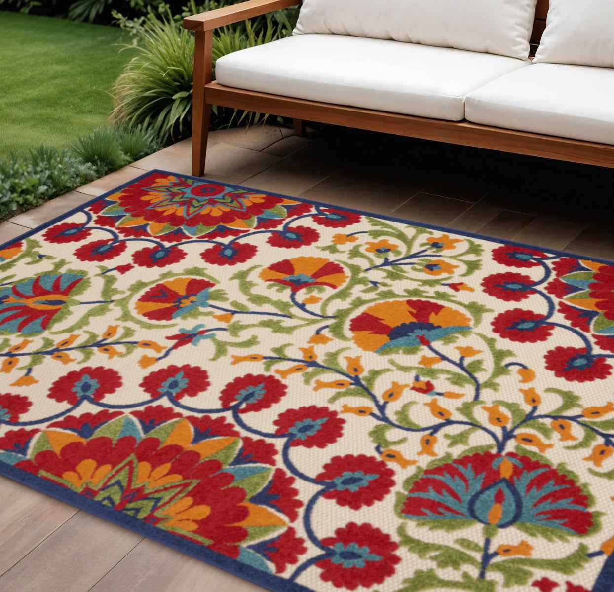8' X 11' Red And Ivory Floral Indoor Outdoor Area Rug