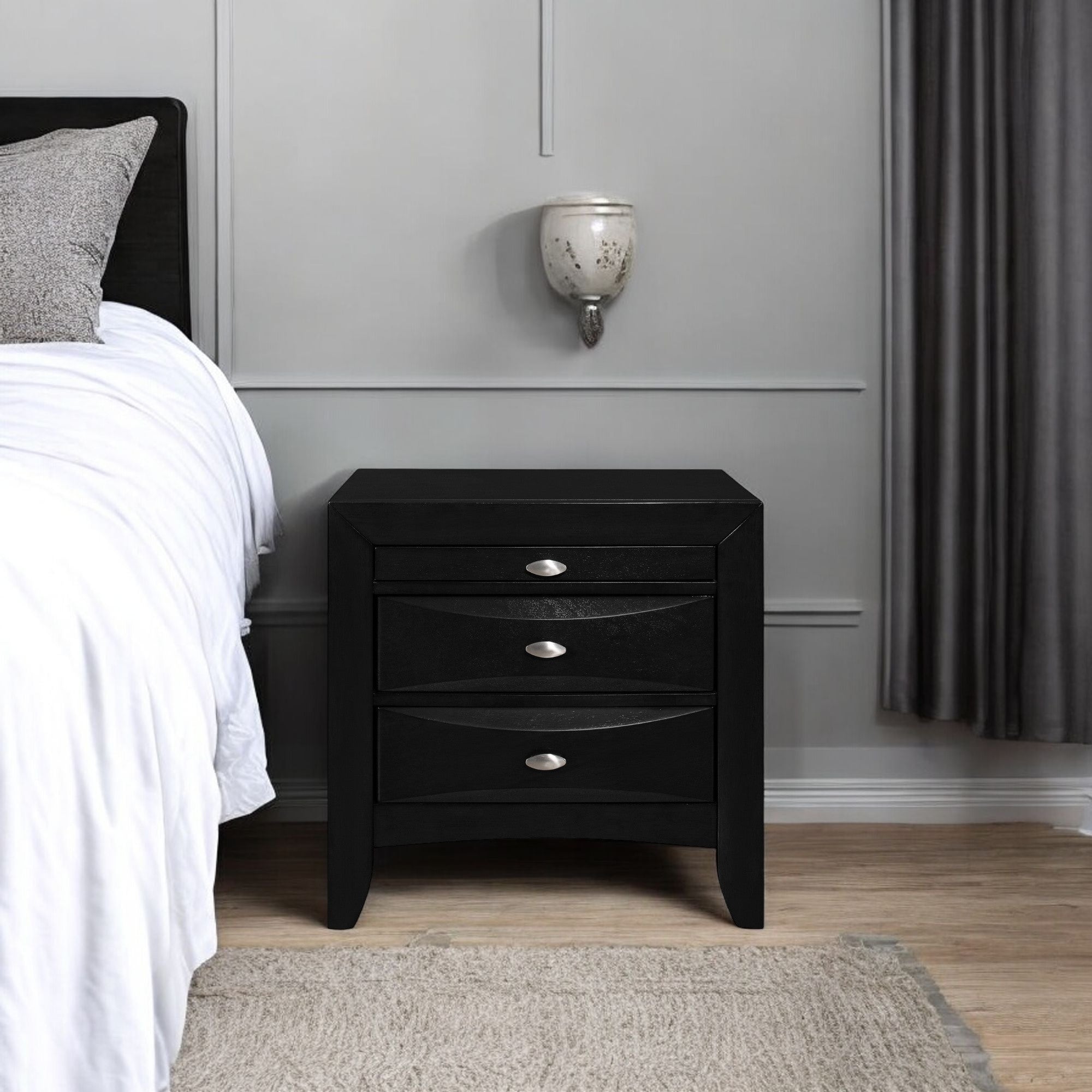 25" Black Wood Three Drawer Nightstand
