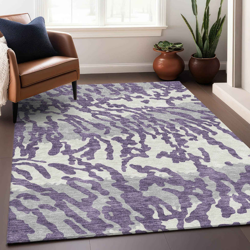 3' X 5' Purple Gray And Ivory Animal Print Washable Indoor Outdoor Area Rug