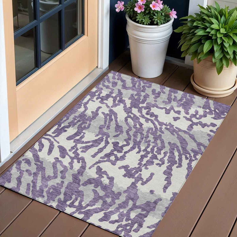 3' X 5' Purple Gray And Ivory Animal Print Washable Indoor Outdoor Area Rug