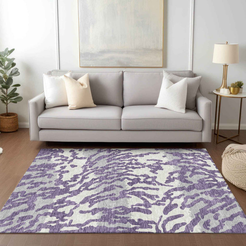 3' X 5' Purple Gray And Ivory Animal Print Washable Indoor Outdoor Area Rug