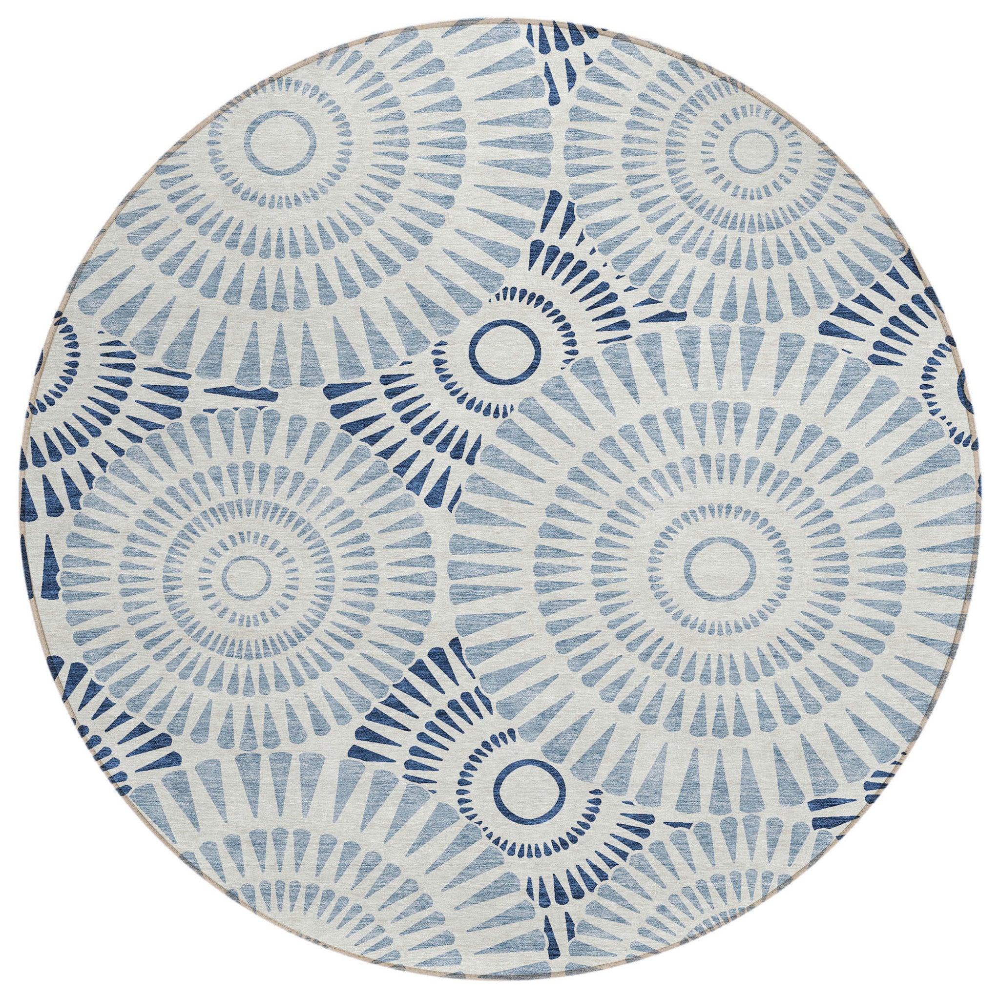 8' Blue And Ivory Round Geometric Washable Indoor Outdoor Area Rug