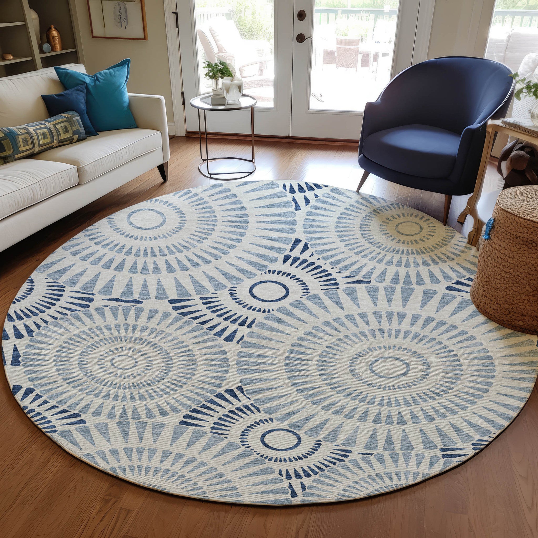 8' Blue And Ivory Round Geometric Washable Indoor Outdoor Area Rug