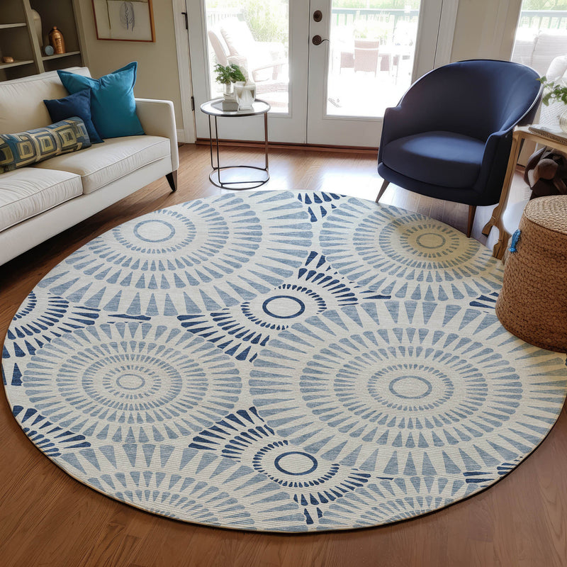 8' Blue And Ivory Round Geometric Washable Indoor Outdoor Area Rug