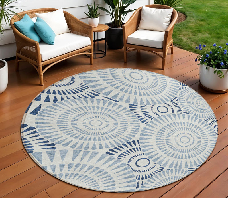 8' Blue And Ivory Round Geometric Washable Indoor Outdoor Area Rug