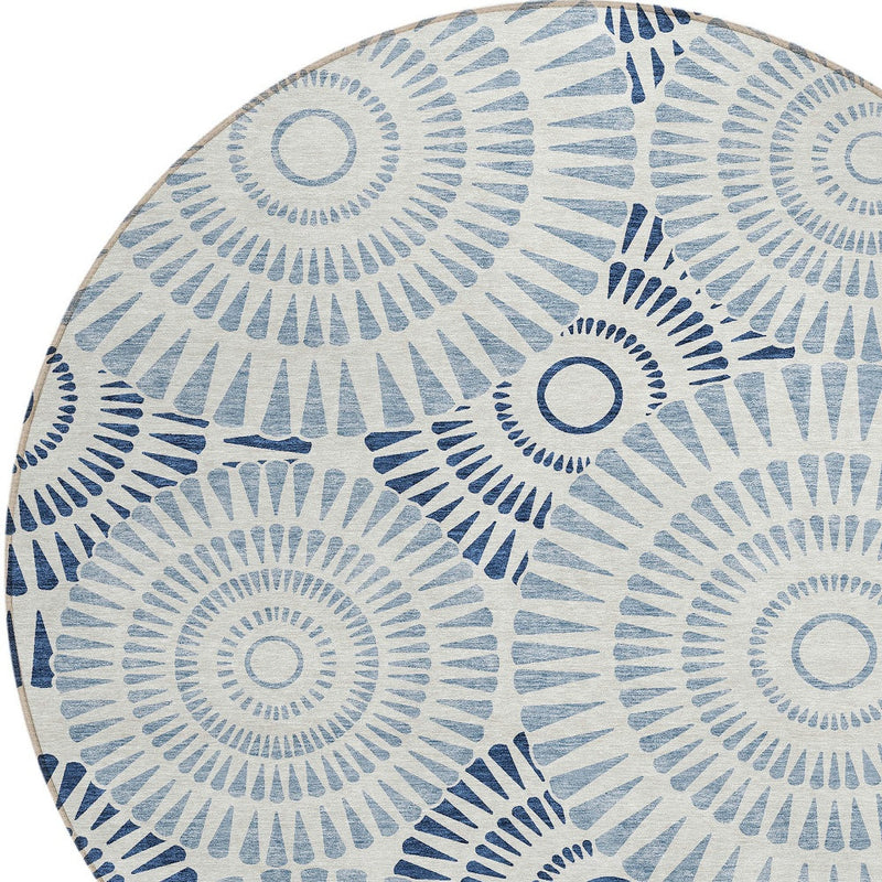 8' Blue And Ivory Round Geometric Washable Indoor Outdoor Area Rug
