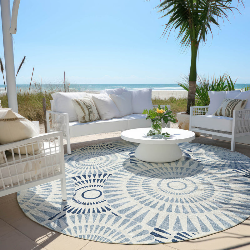 8' Blue And Ivory Round Geometric Washable Indoor Outdoor Area Rug