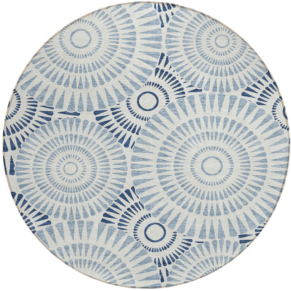 8' Blue And Ivory Round Geometric Washable Indoor Outdoor Area Rug