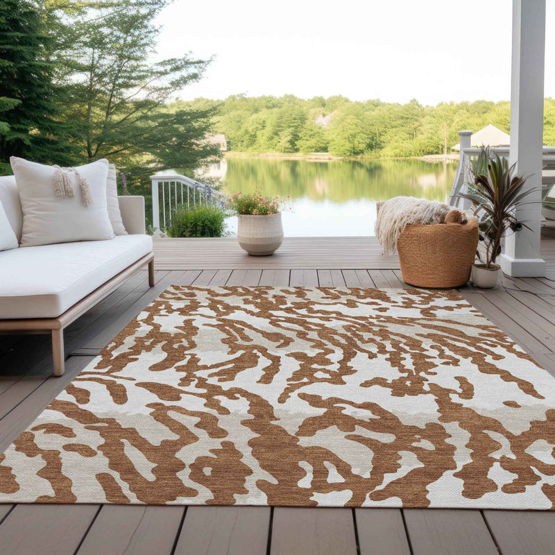 9' X 12' Brown Beige And Ivory Animal Print Washable Indoor Outdoor Area Rug