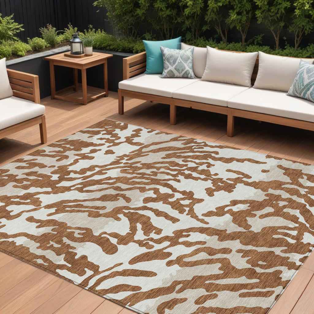 9' X 12' Brown Beige And Ivory Animal Print Washable Indoor Outdoor Area Rug