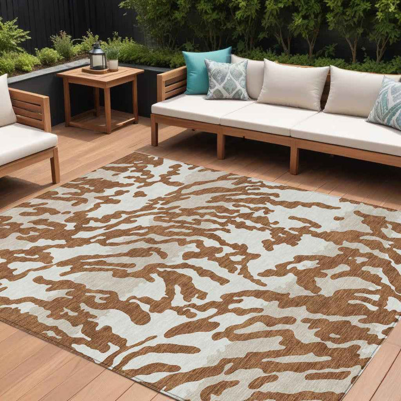 9' X 12' Brown Beige And Ivory Animal Print Washable Indoor Outdoor Area Rug