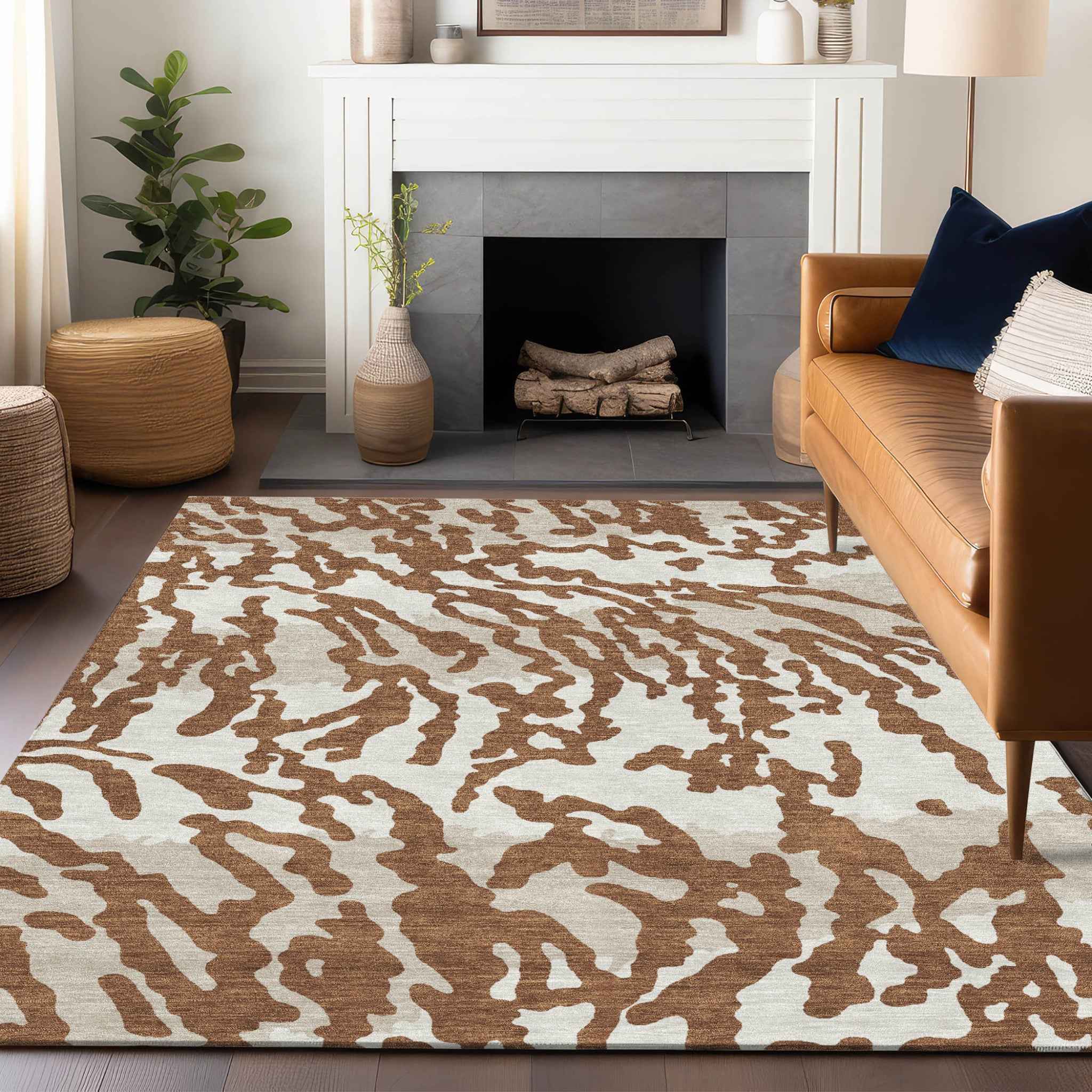 9' X 12' Brown Beige And Ivory Animal Print Washable Indoor Outdoor Area Rug