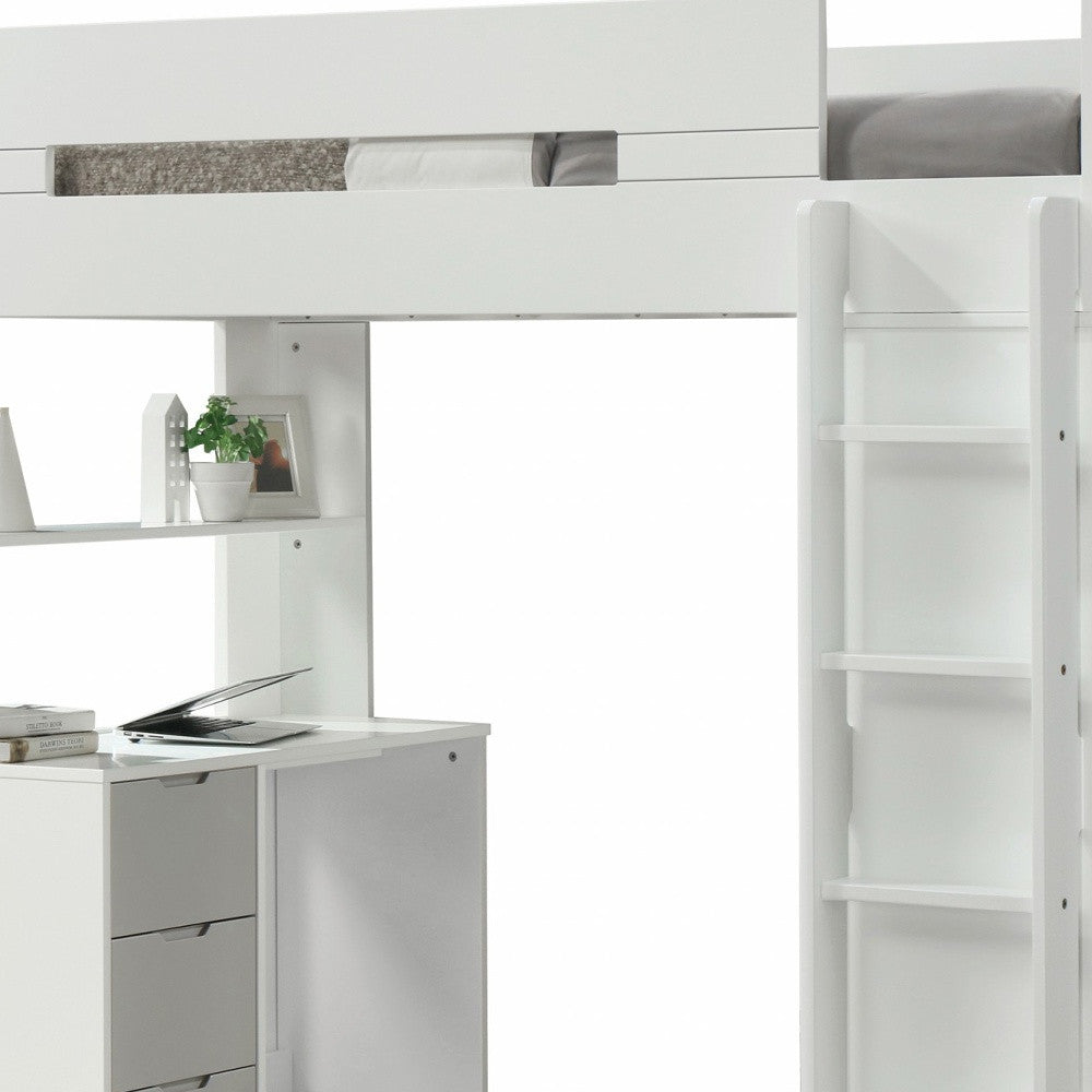 White twin loft desk area with open shelves and gray drawer cabinet under desktop