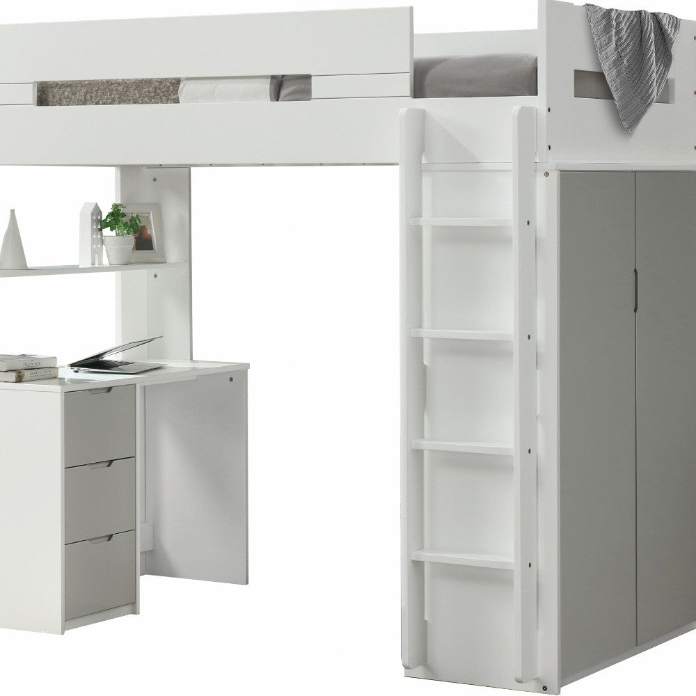 Twin loft bed with open step shelves, gray side cabinet, and attached desk