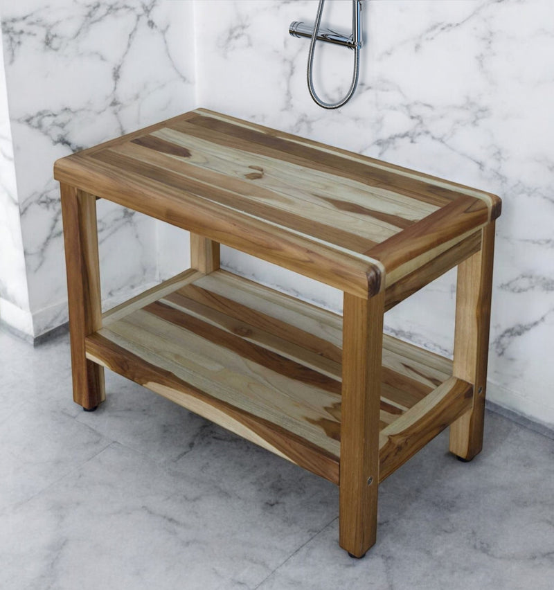 Natural teak shower bench with shelf, rounded rectangular top edge and slatted lower platform