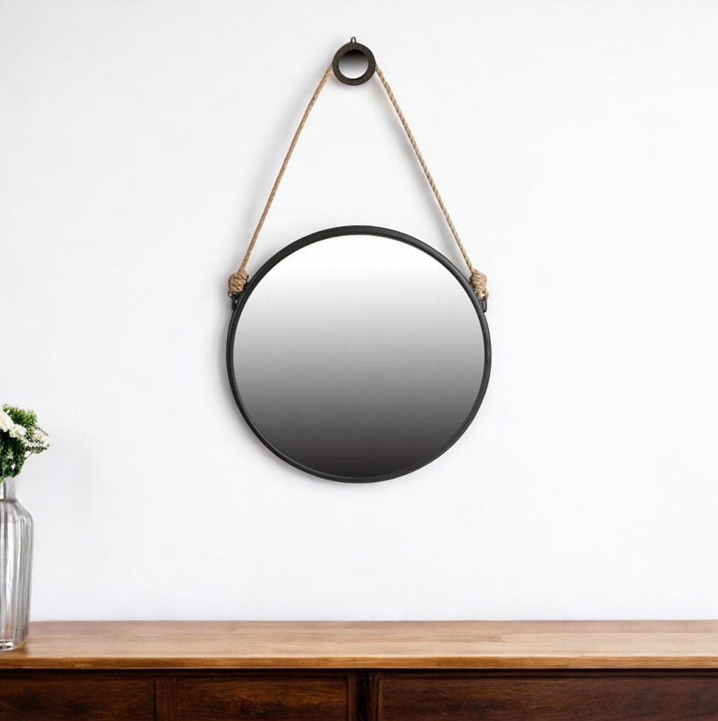 30" Black Fame Round Wall Hanging Accent Mirror with Rope - Bed & Bath