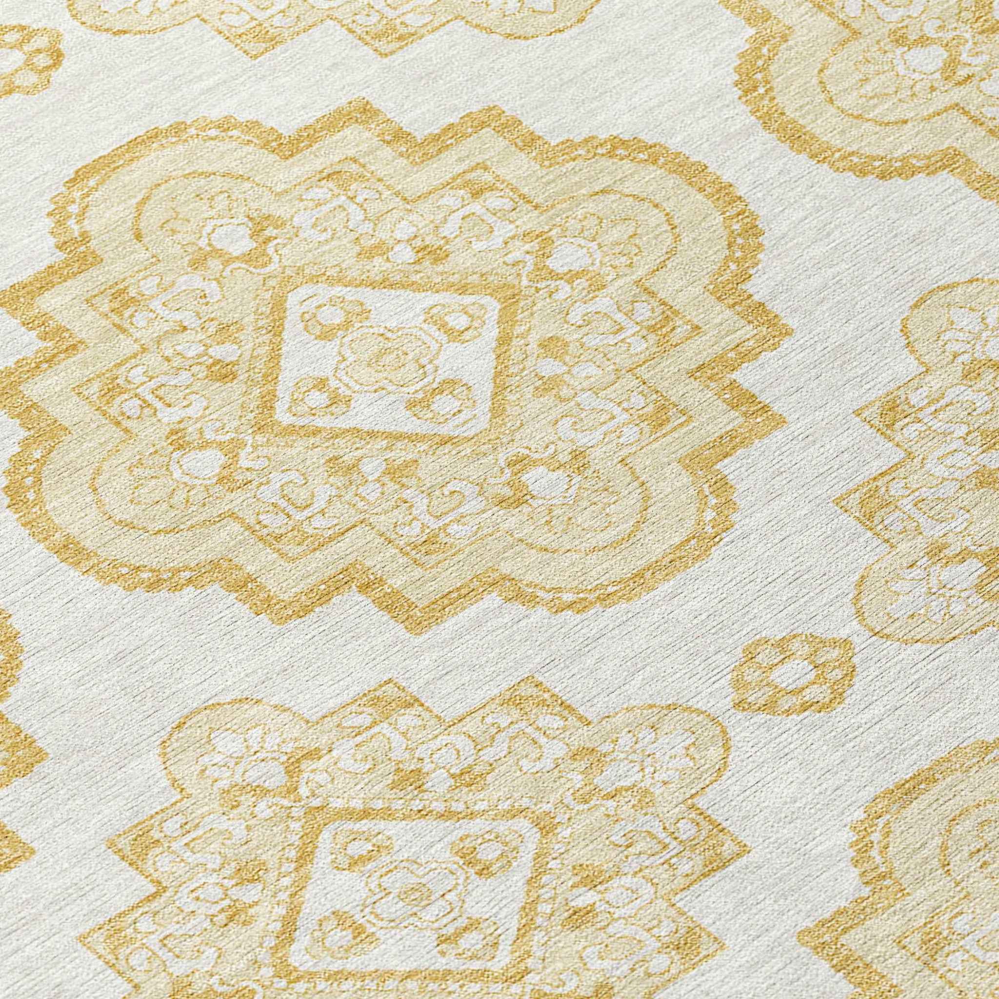 3' X 5' Gold And Ivory Medallion Washable Indoor Outdoor Area Rug