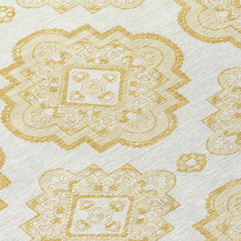 3' X 5' Gold And Ivory Medallion Washable Indoor Outdoor Area Rug