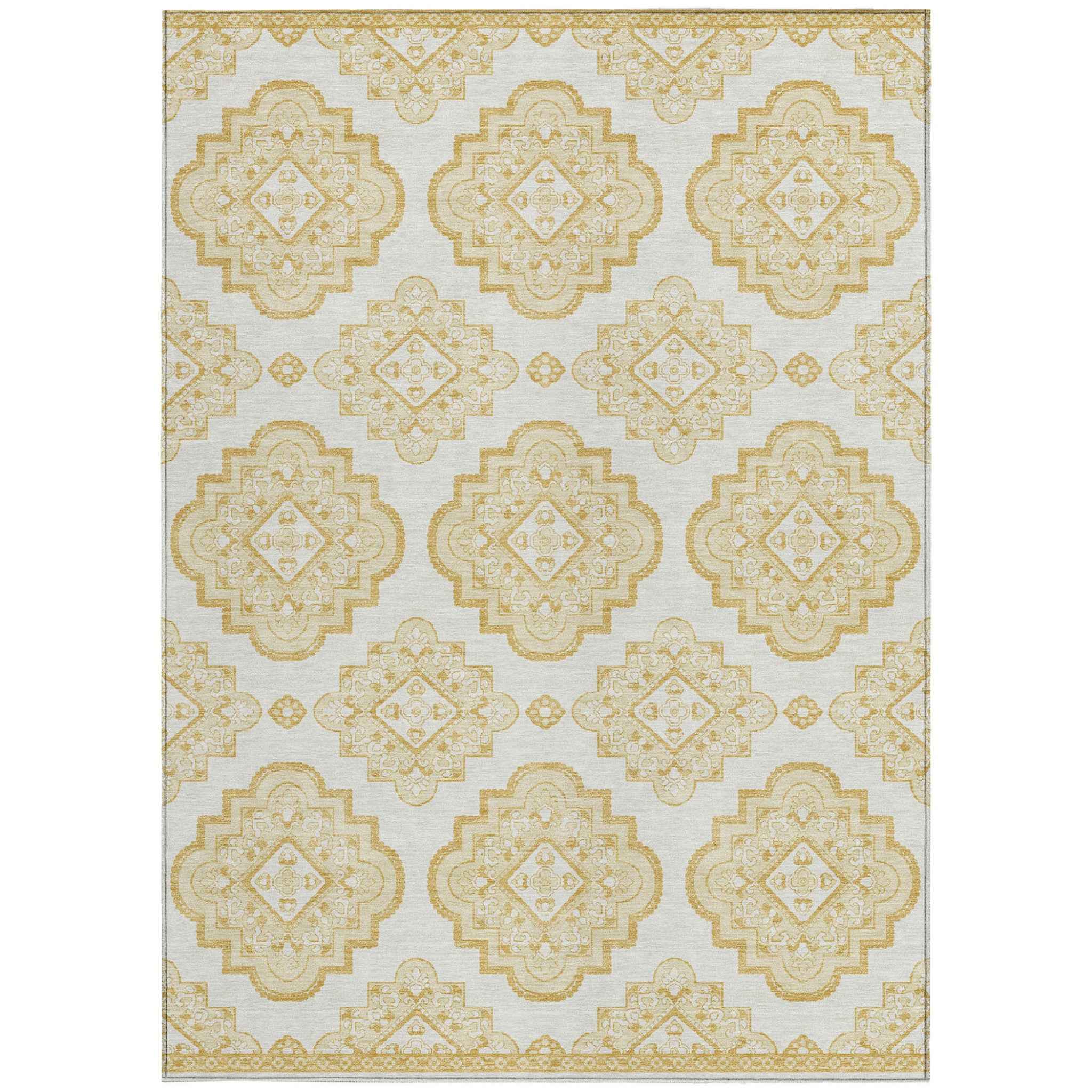 3' X 5' Gold And Ivory Medallion Washable Indoor Outdoor Area Rug