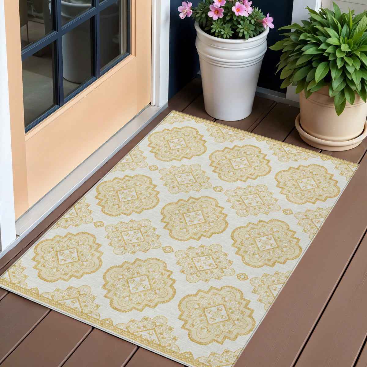 3' X 5' Gold And Ivory Medallion Washable Indoor Outdoor Area Rug