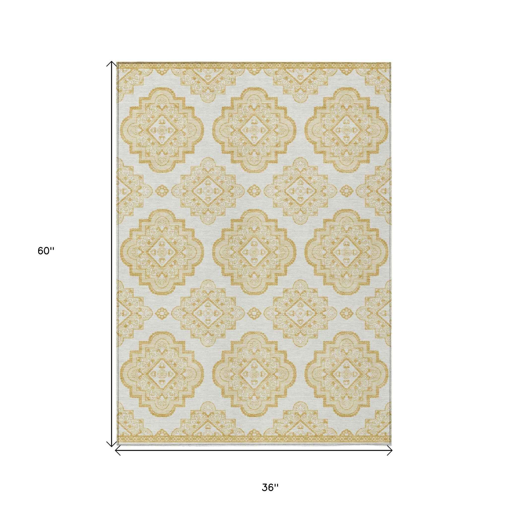 3' X 5' Gold And Ivory Medallion Washable Indoor Outdoor Area Rug