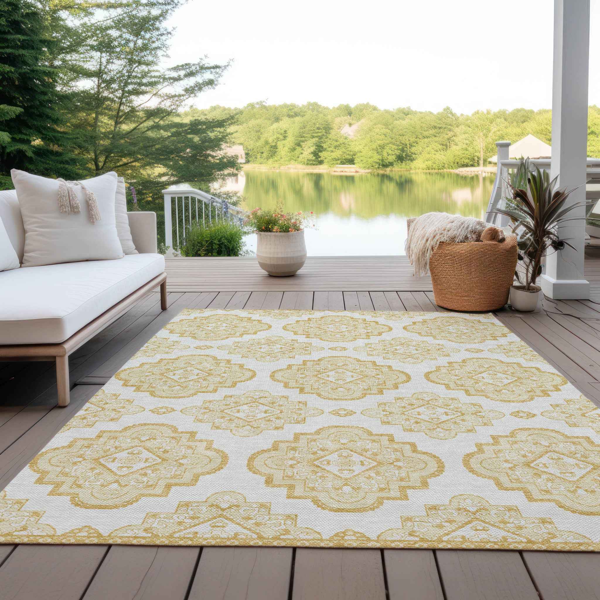 3' X 5' Gold And Ivory Medallion Washable Indoor Outdoor Area Rug