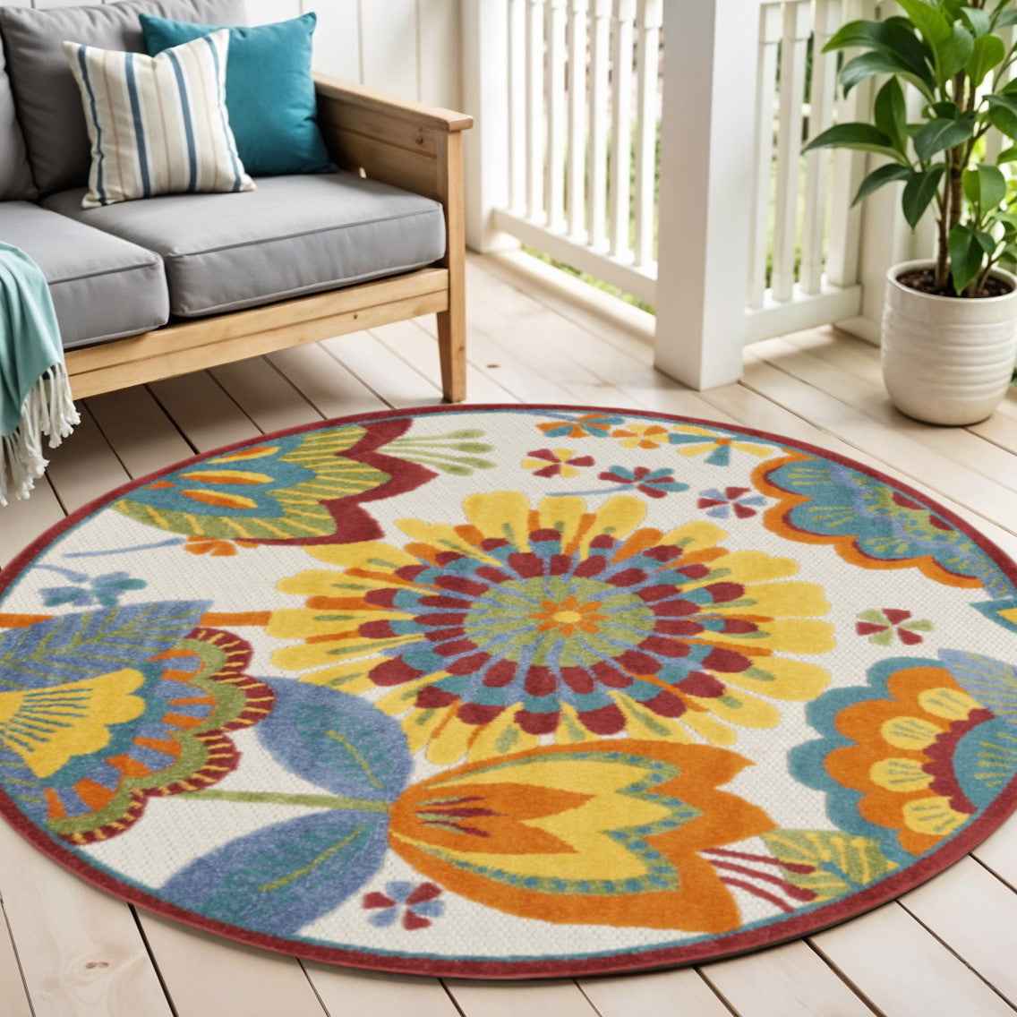 5' Yellow And Ivory Round Indoor Outdoor Area Rug