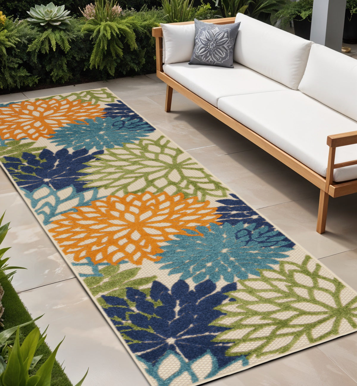 8' Ivory And Blue Indoor Outdoor Area Rug - Outdoor
