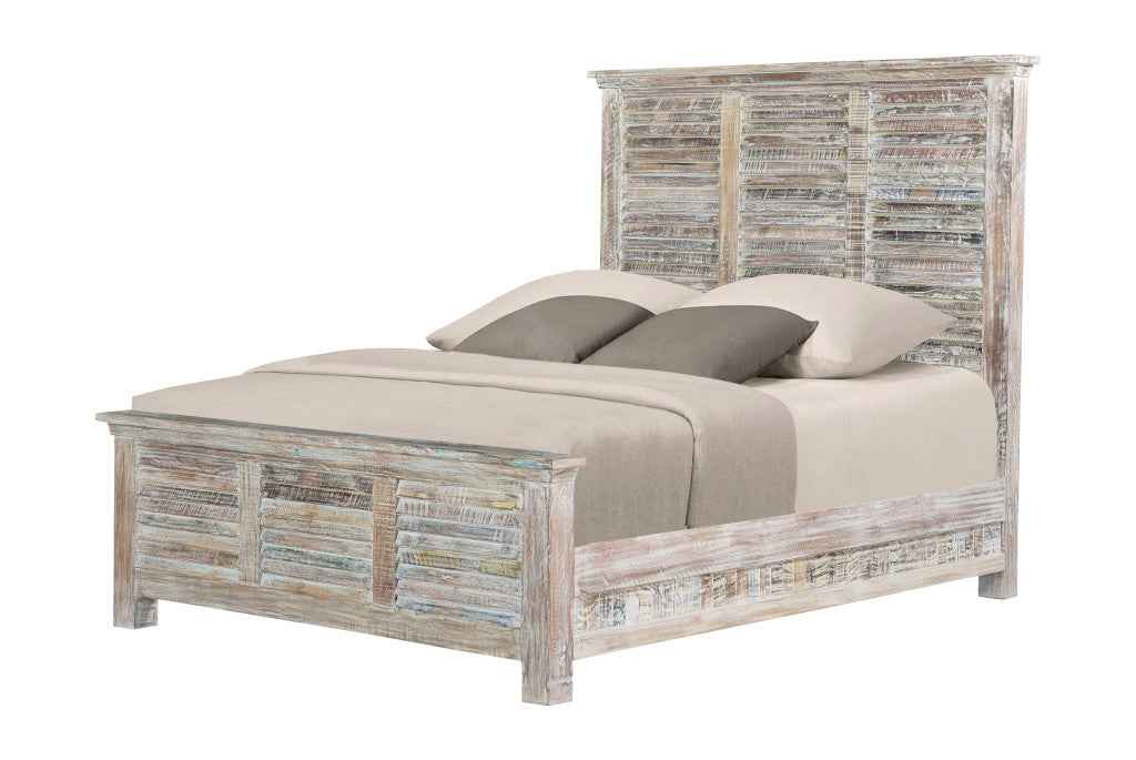 White Carved Geometric Distressed Reclaimed Wood Queen Bed Frame