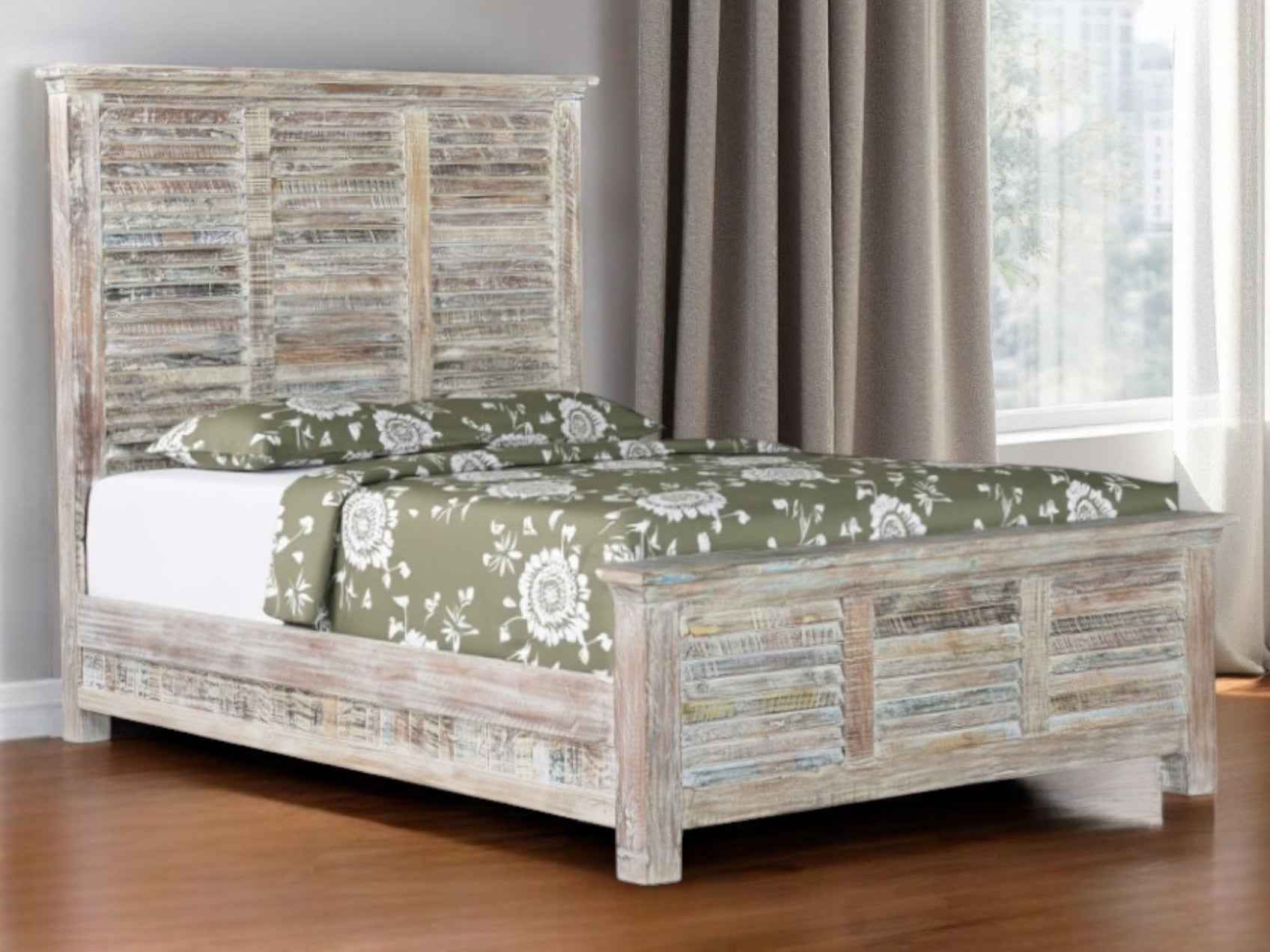 White Carved Geometric Distressed Reclaimed Wood Queen Bed Frame