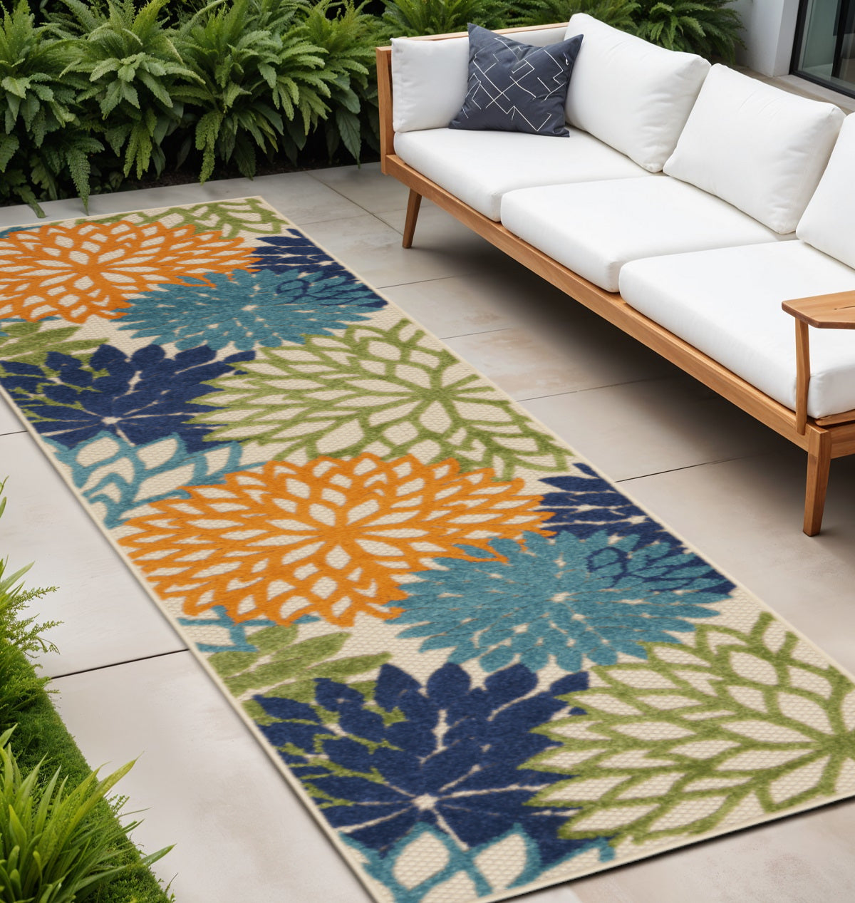 12' Ivory And Blue Floral Indoor Outdoor Runner Rug - Outdoor