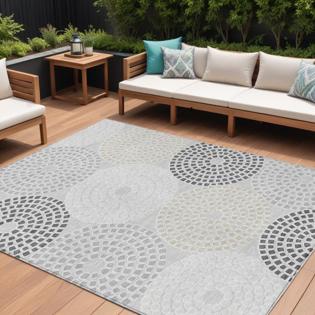 9' X 12' Gray And Taupe Geometric Washable Indoor Outdoor Area Rug - Outdoor