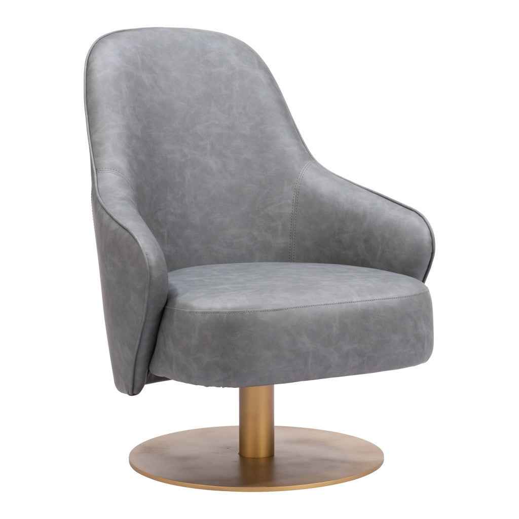 28" Gray And Gold Faux Leather And Faux Leather Swivel Arm Chair