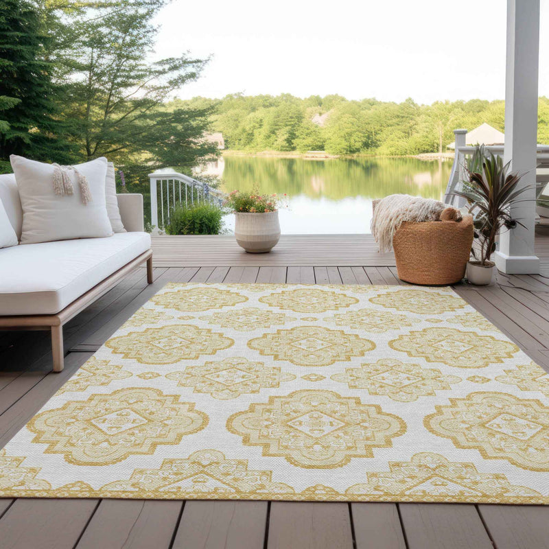 8' X 10' Gold And Ivory Medallion Washable Indoor Outdoor Area Rug