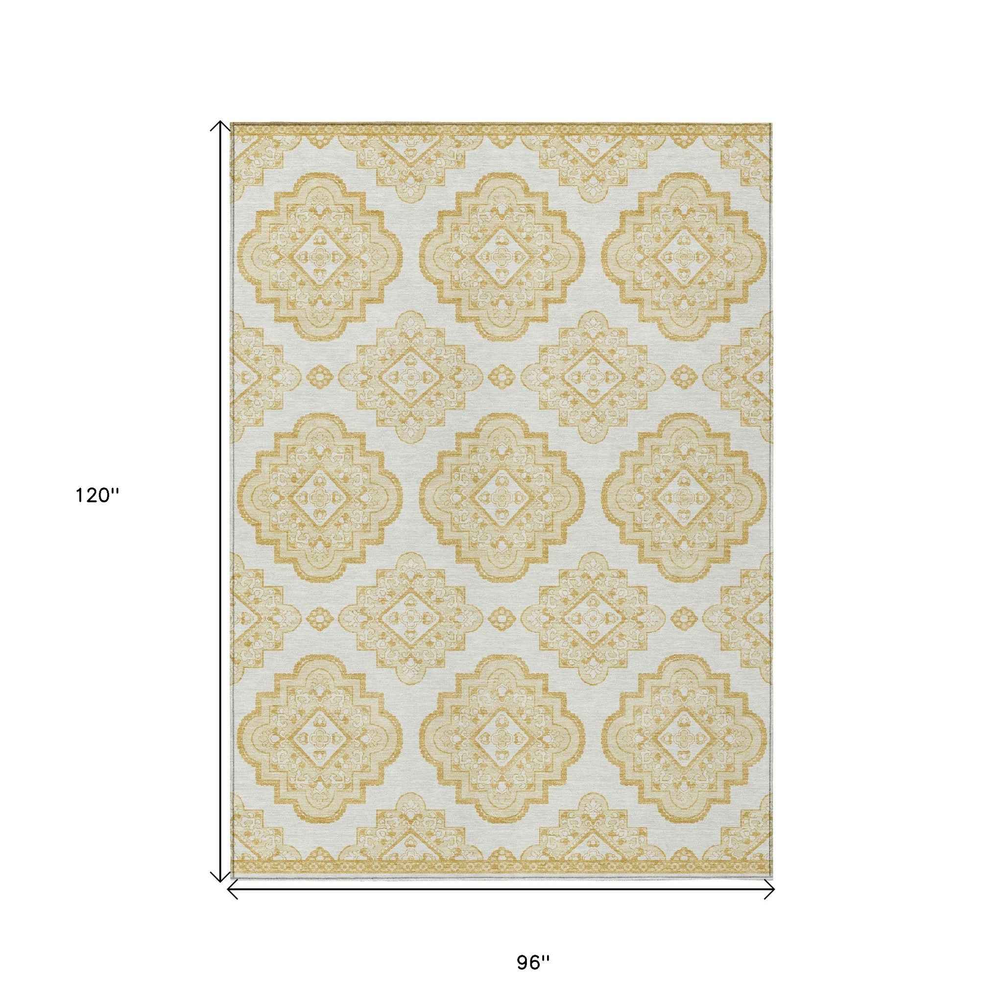 8' X 10' Gold And Ivory Medallion Washable Indoor Outdoor Area Rug