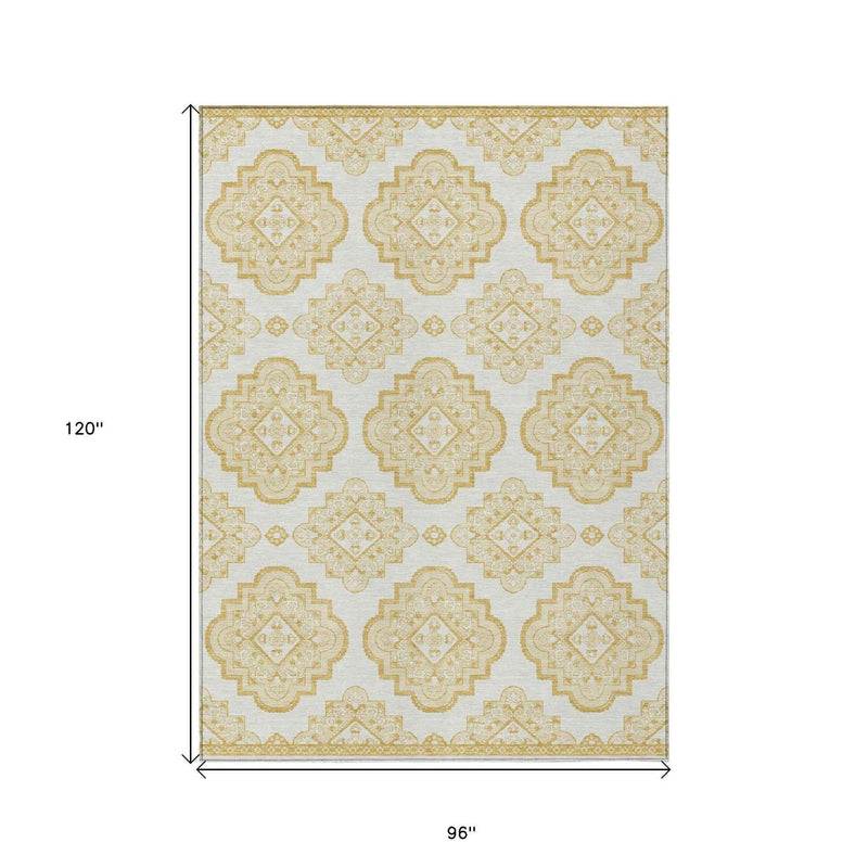 8' X 10' Gold And Ivory Medallion Washable Indoor Outdoor Area Rug