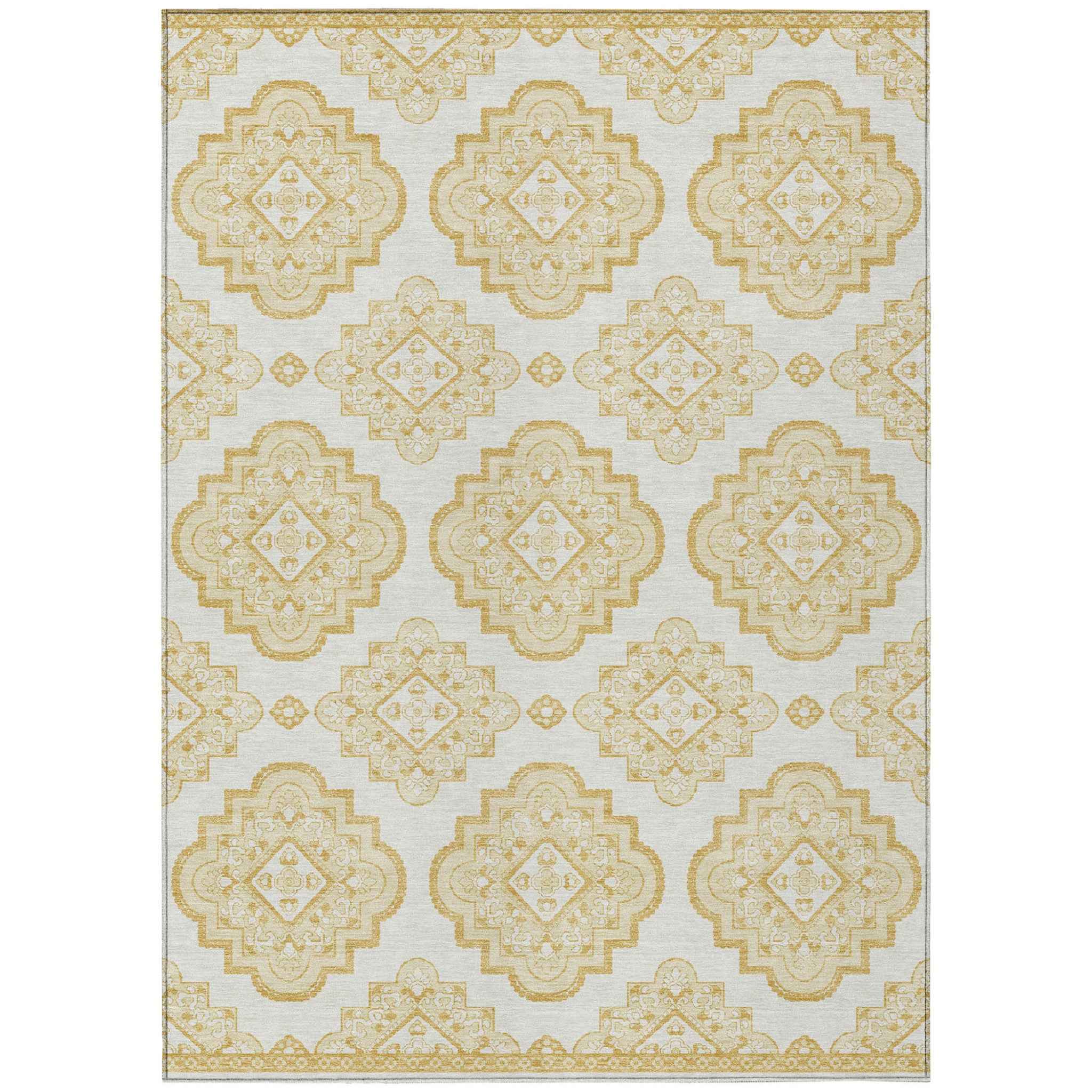 8' X 10' Gold And Ivory Medallion Washable Indoor Outdoor Area Rug