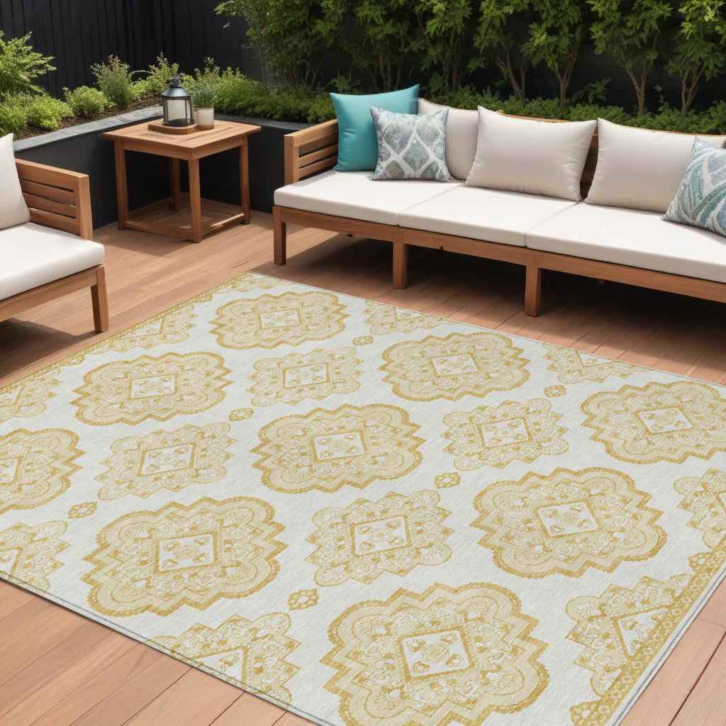 8' X 10' Gold And Ivory Medallion Washable Indoor Outdoor Area Rug