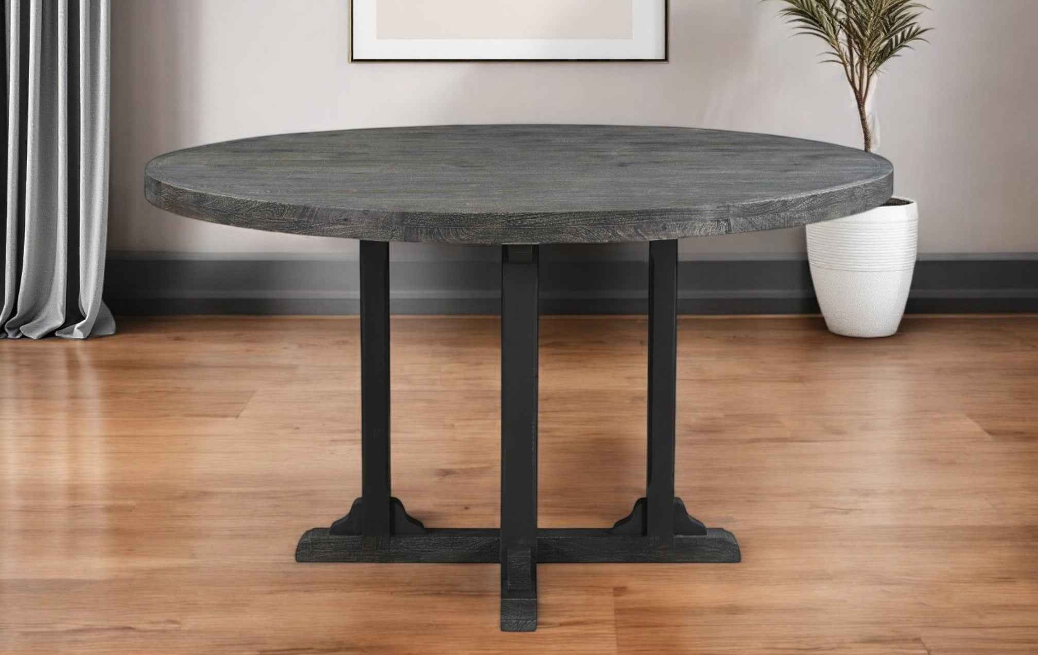 54" Black Rounded Solid Wood Pedestal Base Dining Table