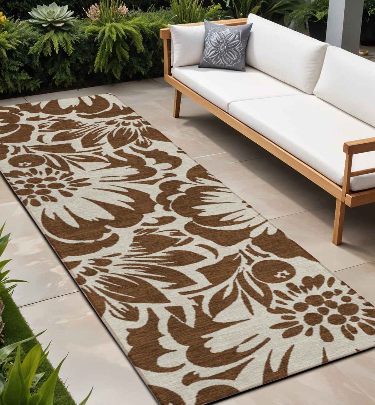 8' Brown And Ivory Floral Washable Indoor Outdoor Runner Rug