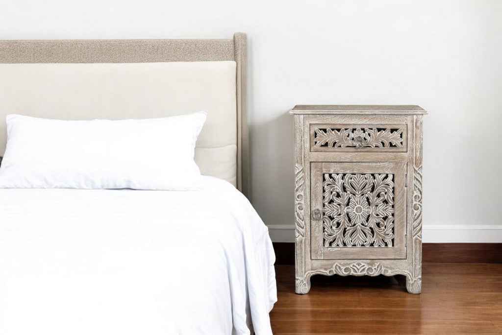 30" Gray Solid Wood Distressed One Drawer Nightstand