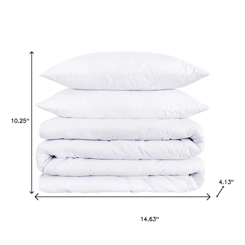 White duvet cover set with stacked pillowcases and duvet, showing overall size
