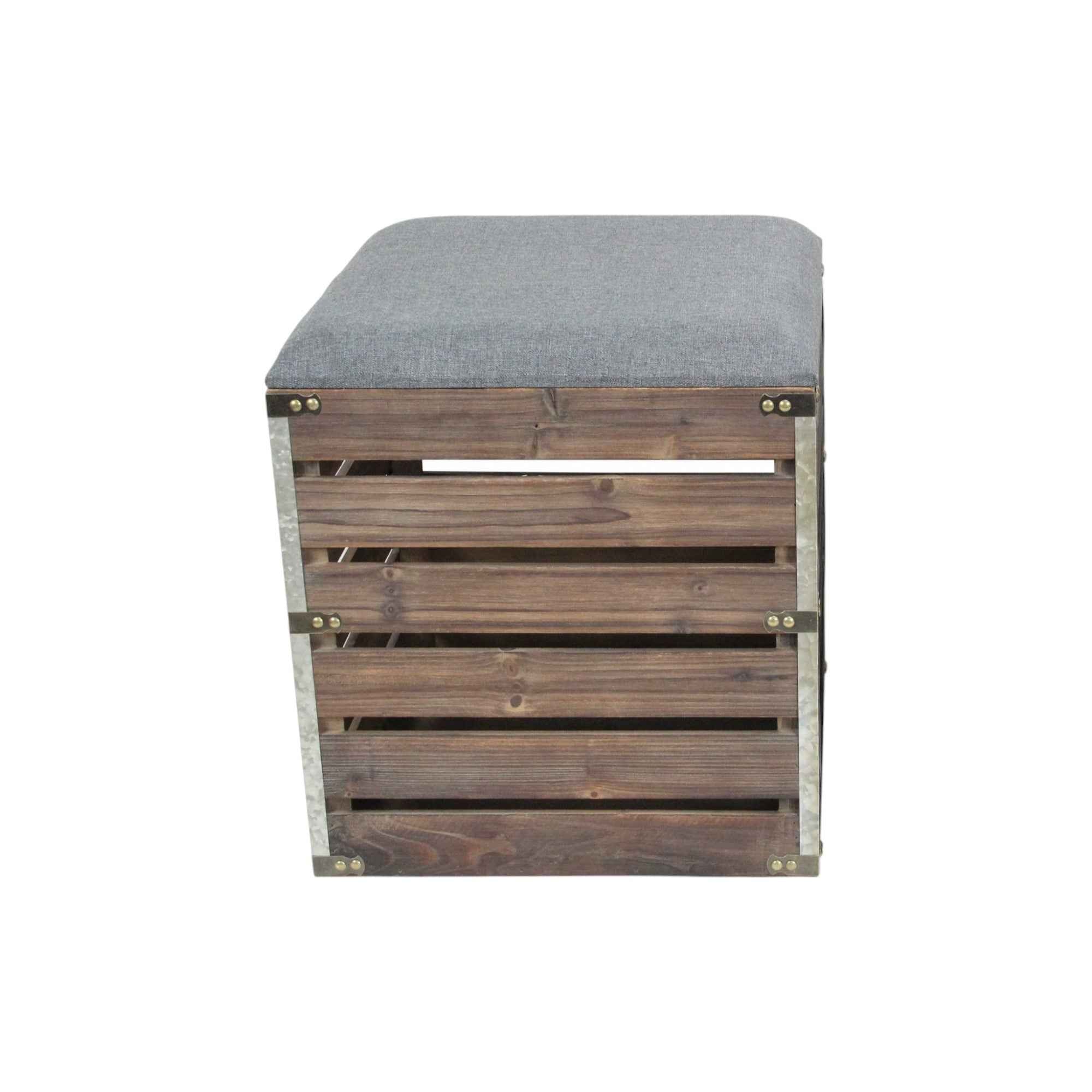 Set Of 2 Square Gray Linen Fabric And Wood Slats Storage Benches